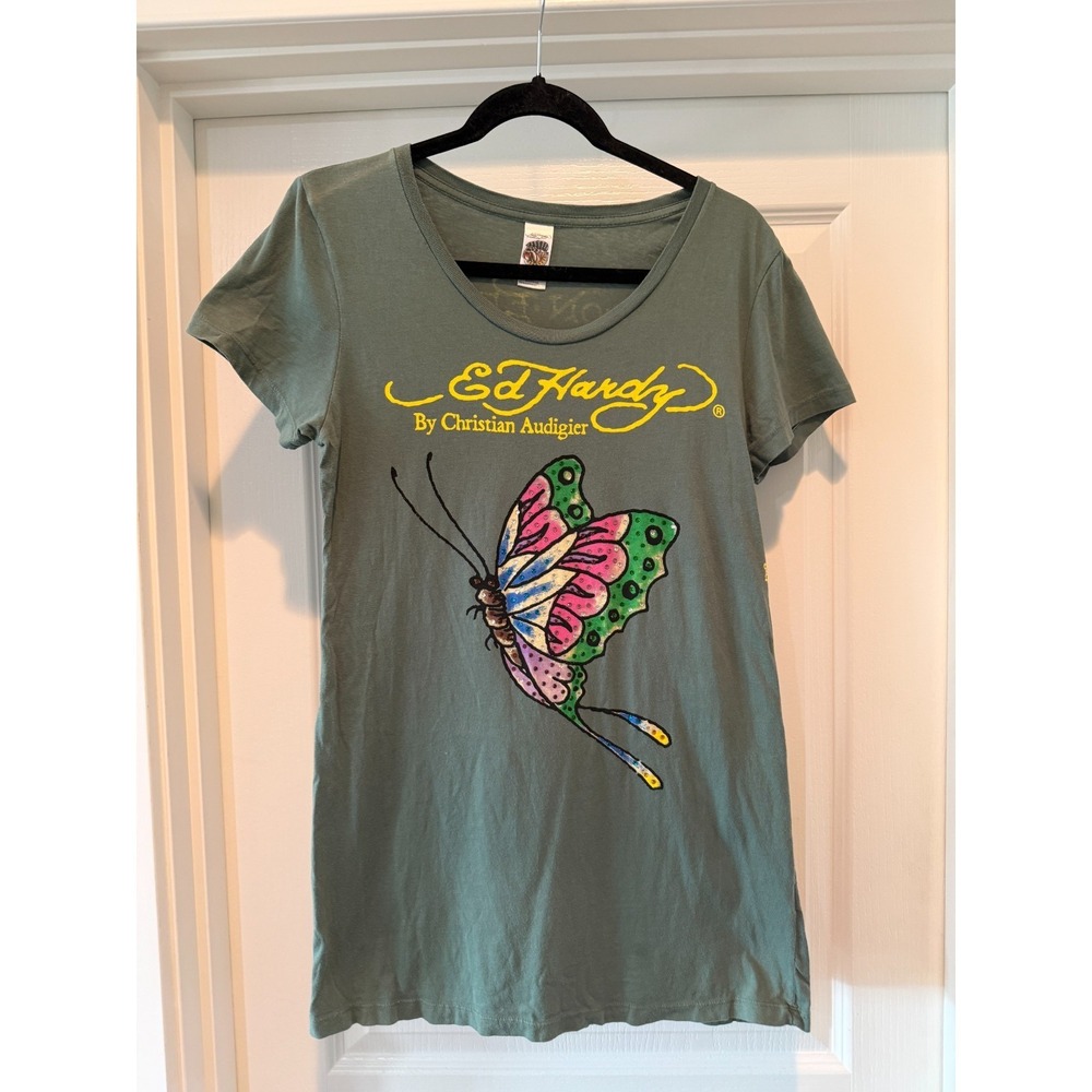 Ed Hardy Christian Audigier Shirt Y2K Butterfly Tattoo Green Tshirt Large